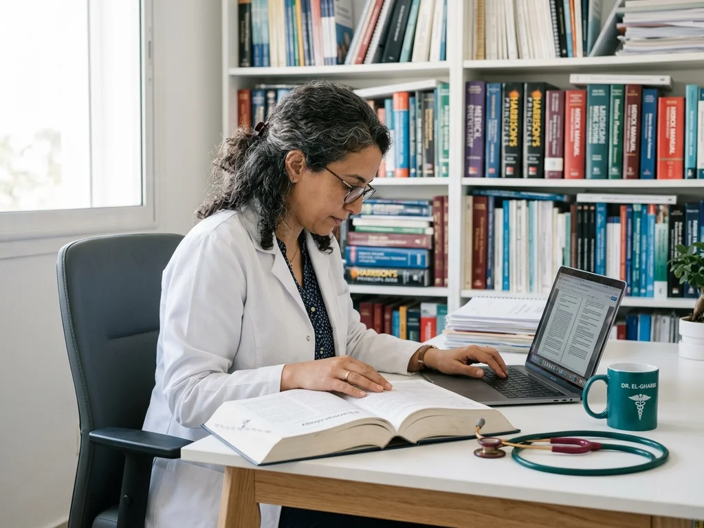 Médecin spécialisée consultant un dictionnaire médical et son ordinateur pour un suivi patient précis.